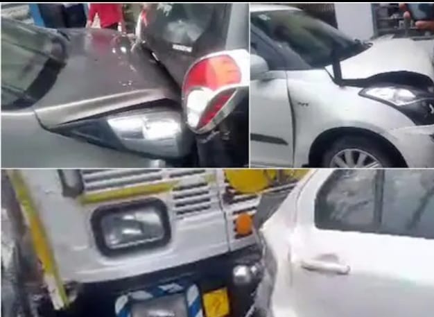 You are currently viewing हिमाचल प्रदेश के सोलन जिले में कंडाघाट मुख्य बाज़ार में ट्रक ने  पीछे से गाड़ियों के काफिले को मारी टक्कर , कुल 13 गाड़ियां हुई क्षतिग्रस्त