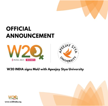 You are currently viewing एपीजे सत्य यूनिवर्सिटी ने नॉलेज पार्टनरशिप के लिए W20 इंडिया के साथ समझौता ज्ञापन पर हस्ताक्षर किए